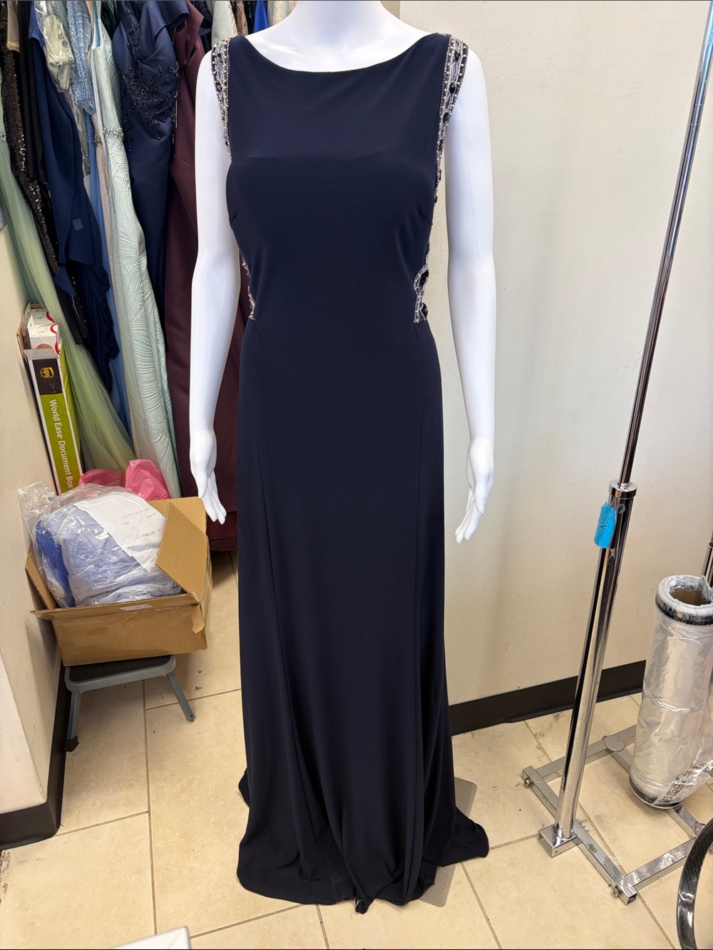 Rina diMontella Navy Maxi Gown with Side Embellishments size 12